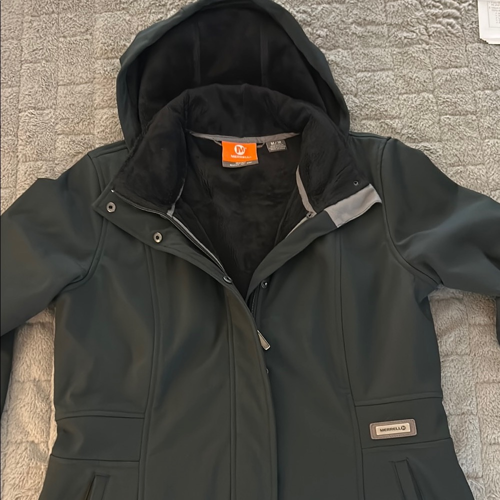 Black Hooded Fleece Lined Rain Jacket with Logo Patch